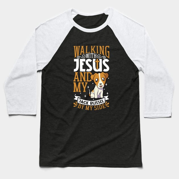 Jesus and dog - Jack Russel Terrier Baseball T-Shirt by Modern Medieval Design